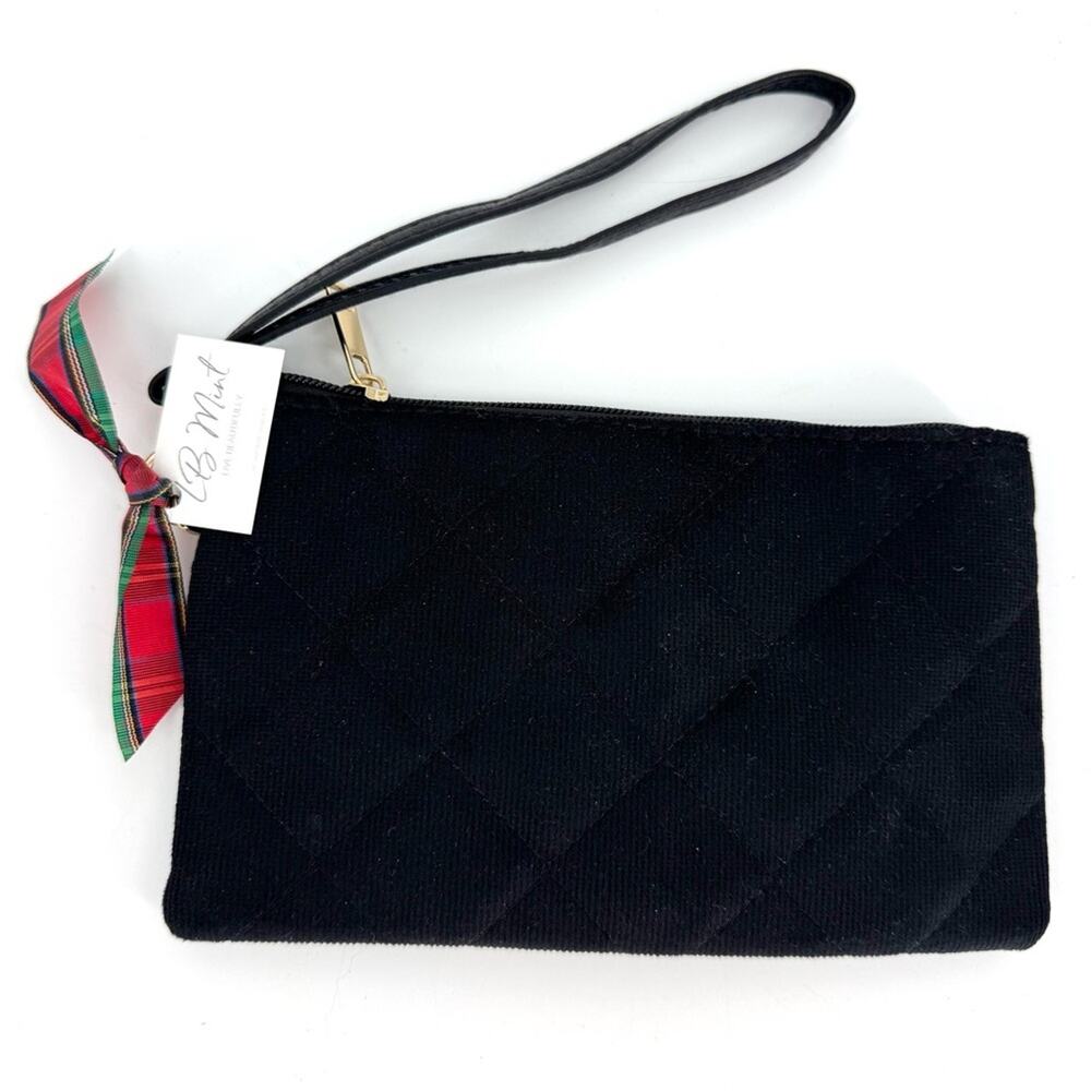 Stylish Black Quilted Wristlet with‎ Plaid Gift Ribbon NWT